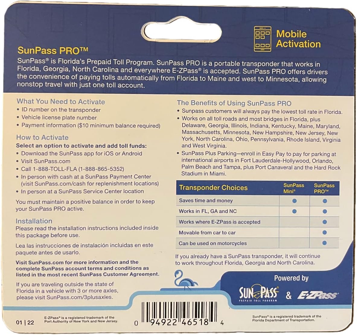 SunPass PRO Transponder Portable Prepaid Toll Program Works in Florida Georgia North Carolina and anywhere E-ZPass is accepted