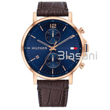 Tommy Hilfiger 1710418 Men's Brown Leather Strap Multifunction Blue Dial 46mm