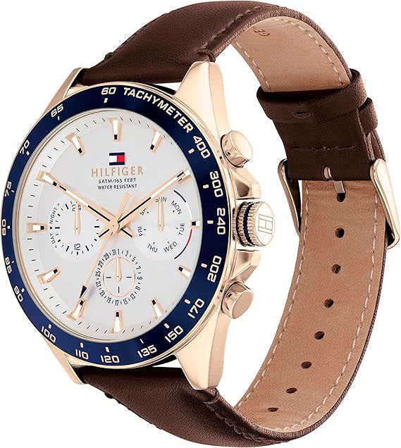 Tommy Hilfiger 1791966 Men's Brown Leather Strap Multifunction White Dial 46mm