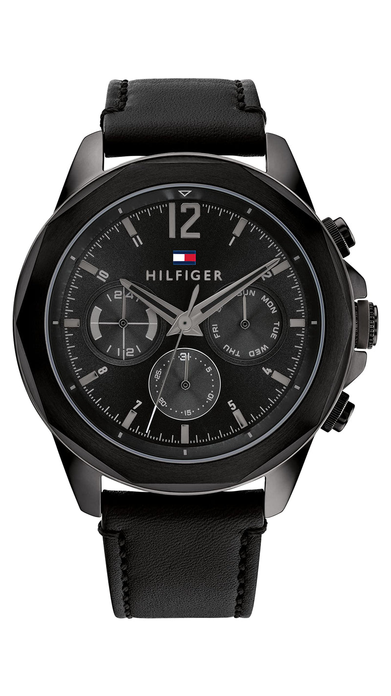 Tommy Hilfiger 1792062 Men's Black Leather Strap Multifunction Black Dial 46mm