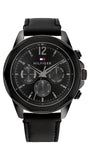 Tommy Hilfiger 1792062 Men's Black Leather Strap Multifunction Black Dial 46mm