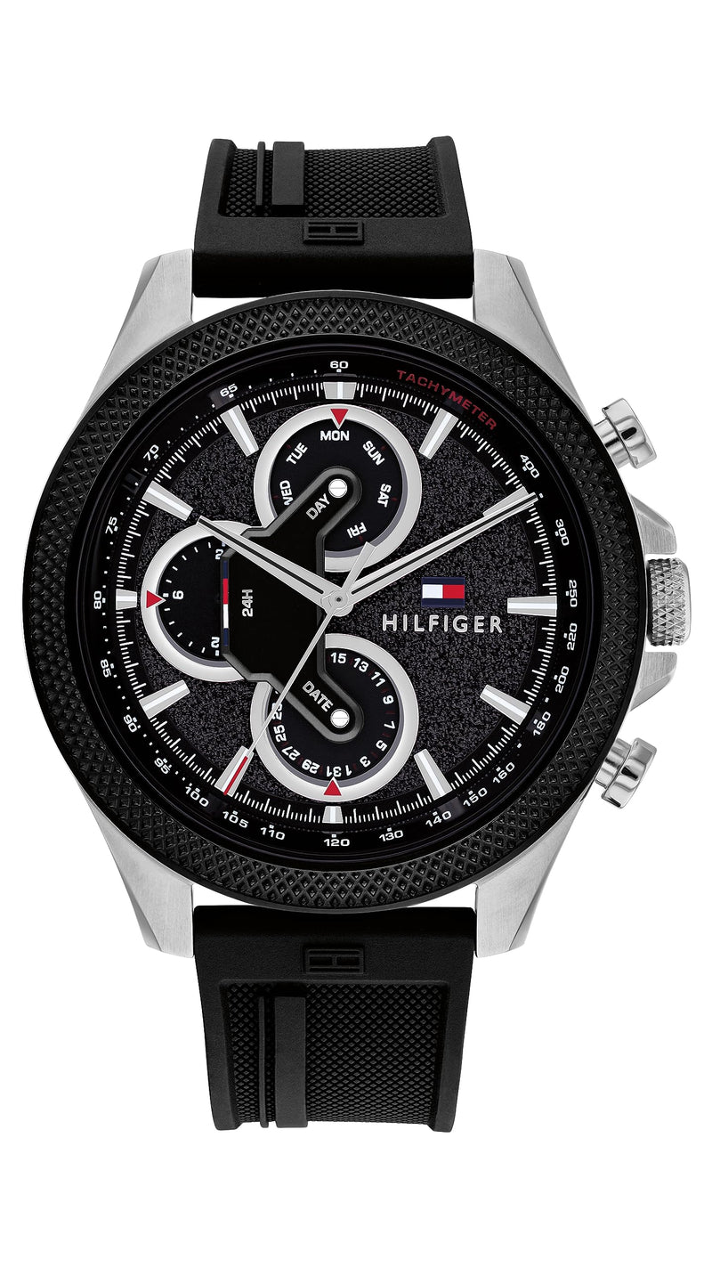 Tommy Hilfiger 1792082 Men's Silver Case Black Rubber Band Black Dial Watch 46mm