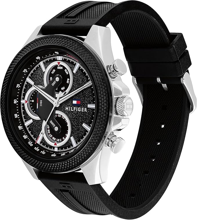 Tommy Hilfiger 1792082 Men's Silver Case Black Rubber Band Black Dial Watch 46mm