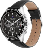 Tommy Hilfiger 1791964 Men's Black Leather Strap Multifunction Black Dial 46mm