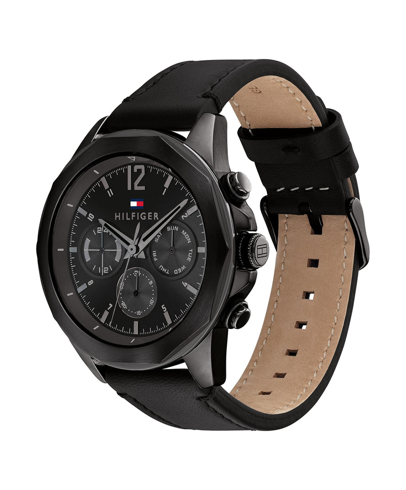 Tommy Hilfiger 1792062 Men's Black Leather Strap Multifunction Black Dial 46mm