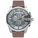 Diesel Original DZ4281 Mega Chief Men's Silver Brown Leather Strap Watch 51mm