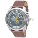 Diesel Original DZ4281 Mega Chief Men's Silver Brown Leather Strap Watch 51mm