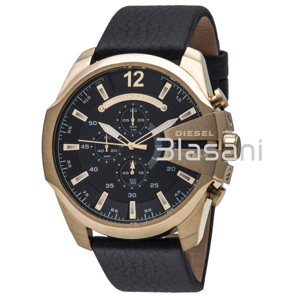 Diesel DZ4344 Mega Chief Men's Gold Black Brown Leather Japanese Quartz Watch 59x51mm