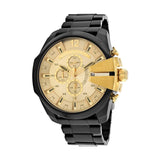 Diesel DZ4485 Mega Chief Men's Black Stainless Steel Gold Dial Chronograph Watch 59X51mm