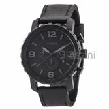 Fossil JR1354 Men's Nate Stainless Steel Quartz Black Leather Chronograph Watch 50mm