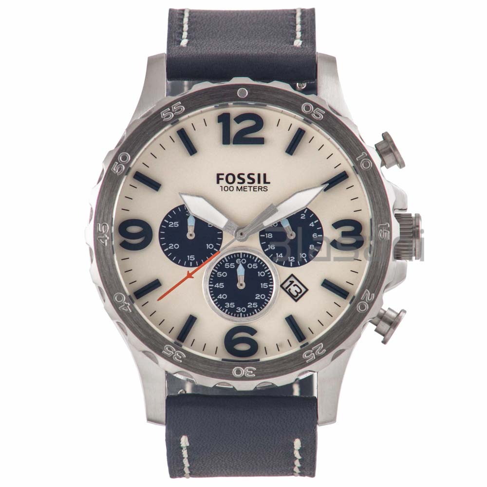Fossil JR1480 Men's Nate Stainless Steel Quartz Blue Leather Chronograph Watch 50mm