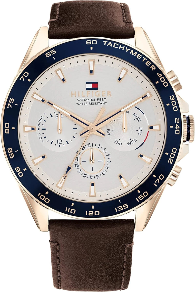Tommy Hilfiger 1791966 Men's Brown Leather Strap Multifunction White Dial 46mm