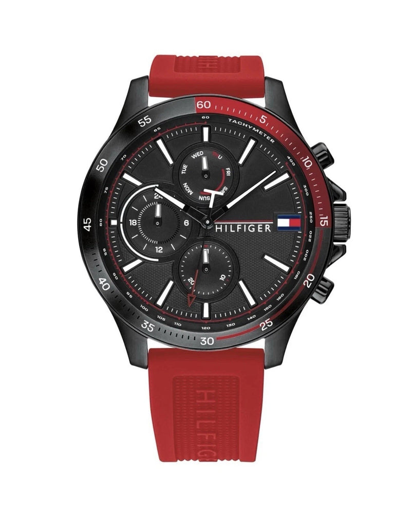 Tommy Hilfiger 1791722 Men's Black Case Red Silicone Band Black Dial Watch 46mm