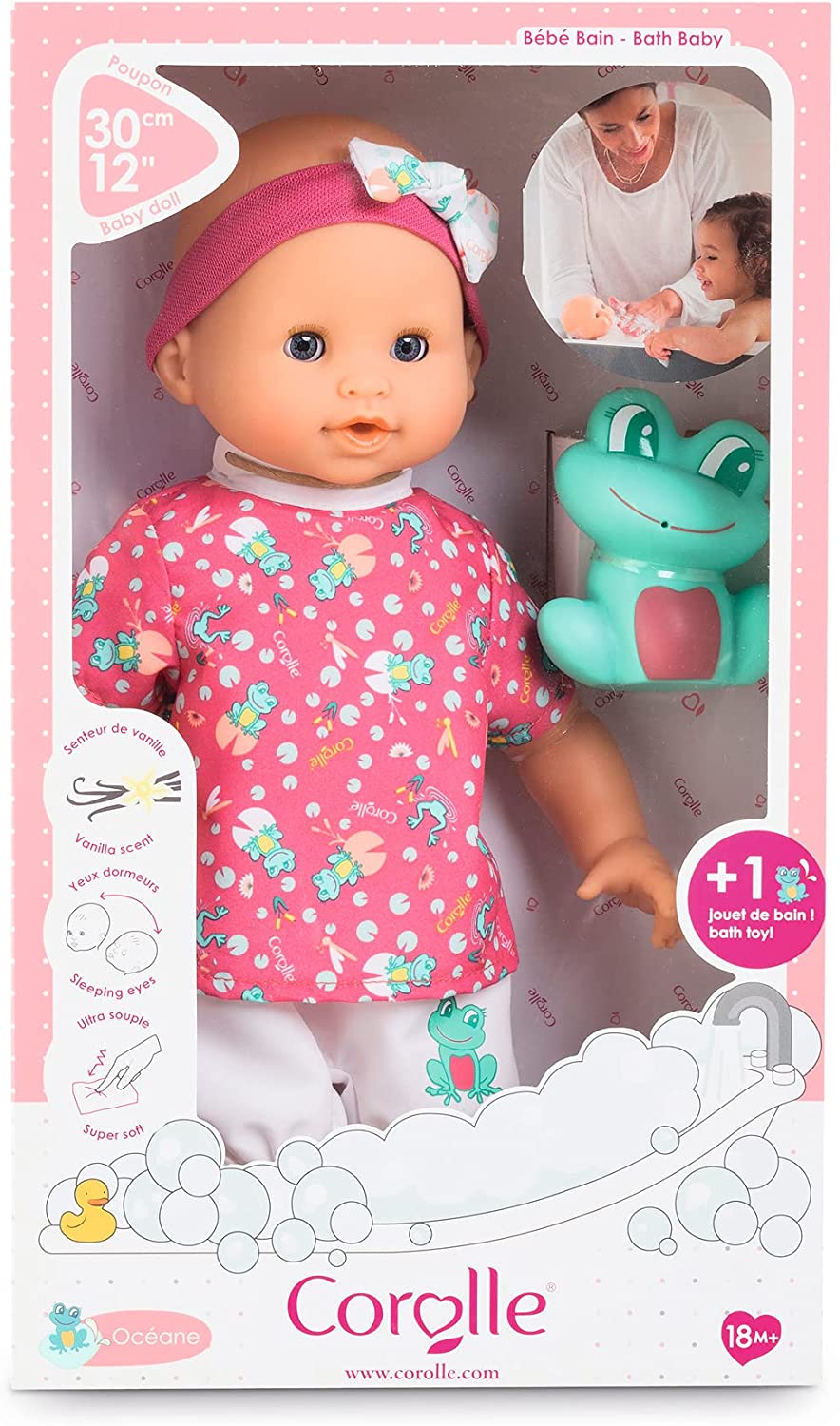 (OPEN BOX) Corolle Bebe Bath Oceane - 12” Girl Baby Doll with Rubber Frog Toy, Safe for Water Play in The Bathtub or Pool, Poseable Soft Body with Vanilla Scent, for Kids Ages 18 Months and Up, Pink