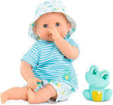(OPEN BOX) Corolle Bebe Bath Marin - 12” Boy Baby Doll with Rubber Frog Toy, Safe for Water Play in The Bathtub or Pool, Poseable Soft Body with Vanilla Scent, for Kids Ages 18 Months and Up, Aqua