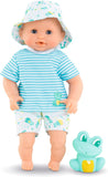 (OPEN BOX) Corolle Bebe Bath Marin - 12” Boy Baby Doll with Rubber Frog Toy, Safe for Water Play in The Bathtub or Pool, Poseable Soft Body with Vanilla Scent, for Kids Ages 18 Months and Up, Aqua
