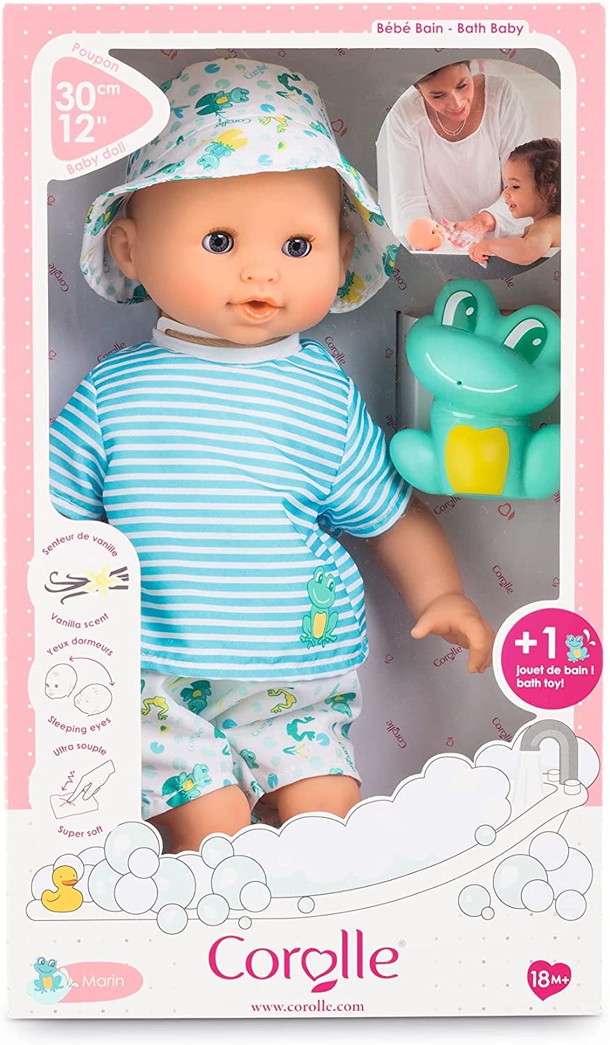 (OPEN BOX) Corolle Bebe Bath Marin - 12” Boy Baby Doll with Rubber Frog Toy, Safe for Water Play in The Bathtub or Pool, Poseable Soft Body with Vanilla Scent, for Kids Ages 18 Months and Up, Aqua