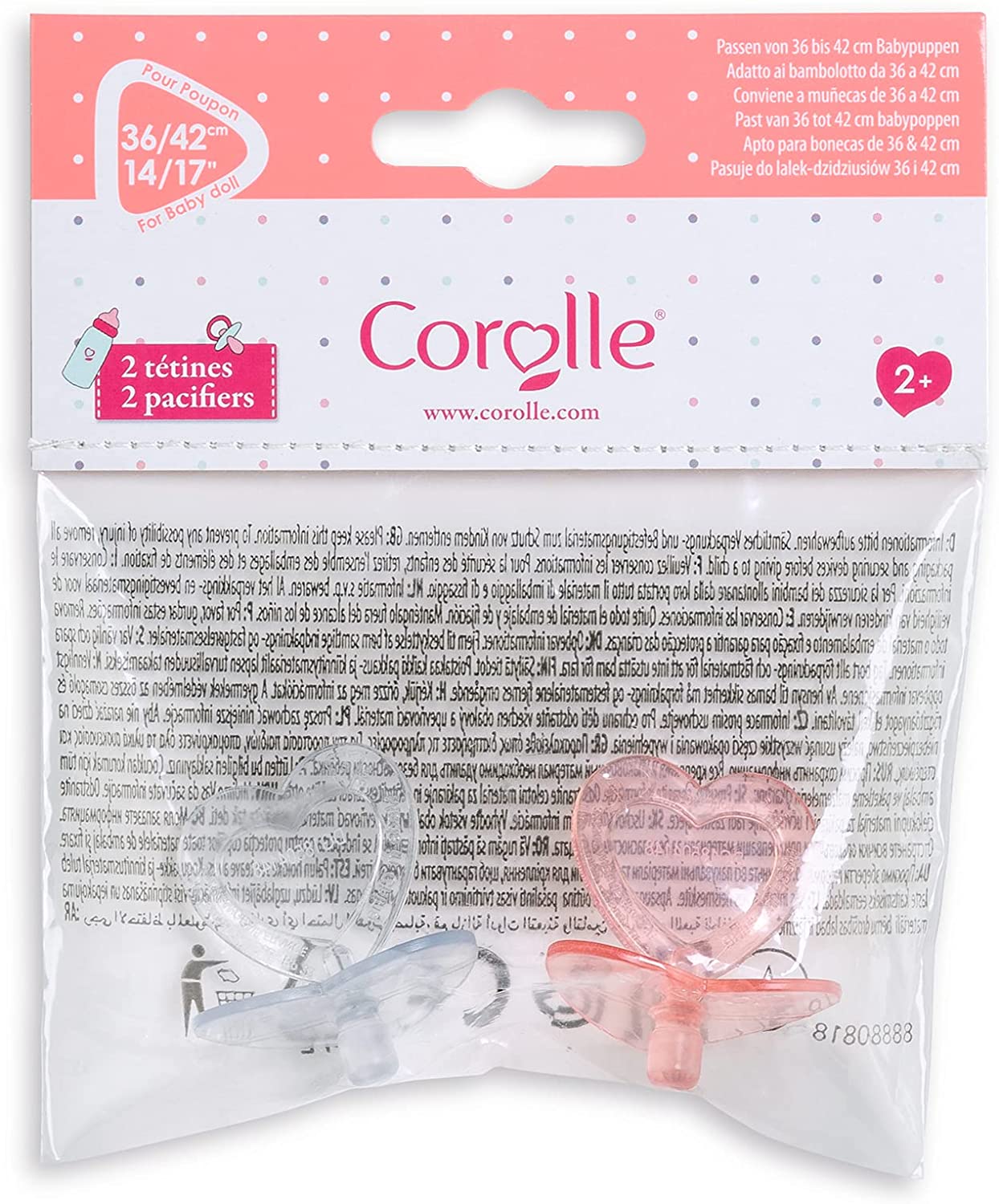 Corolle - Heart Shaped Doll Pacifier Accessory for 14-17" Dolls, 2 Pack, Clear/Pink (140370)