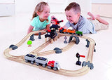 Hape Crane and Cargo Train Set | Wooden Railway Toy Set with Magnetic Crane, Button Operated Loader and Adjustable Rail Signal Multicolor, 19.69" Large x 19.69" W x 15.16" H ,count of 64