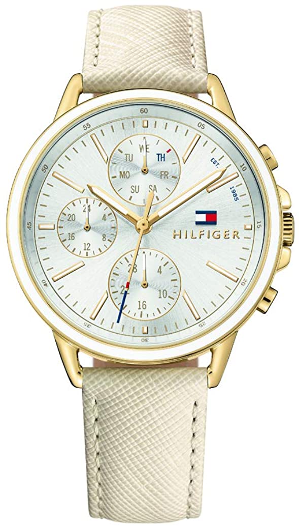 Tommy Hilfiger Women's Casual Sport Stainless Steel Quartz Watch with Leather Calfskin Strap, Champagne, 17 (Model: 1781790)