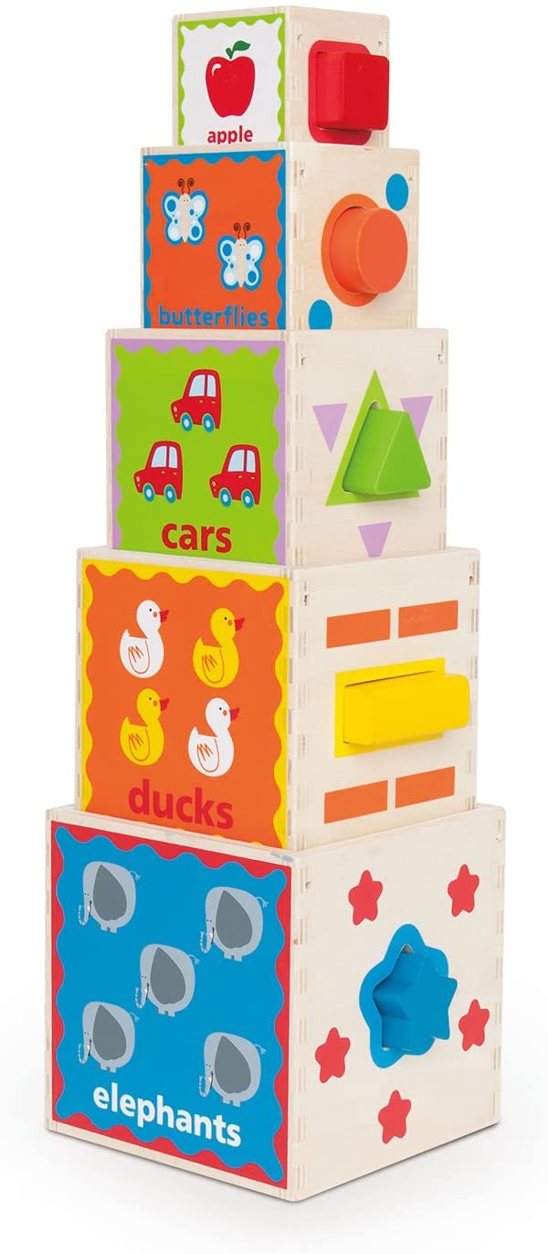 Hape Pyramid of Play Wooden Toddler Wooden Nesting Blocks Set, L: 5.5, W: 5.5, H: 5.5 inch