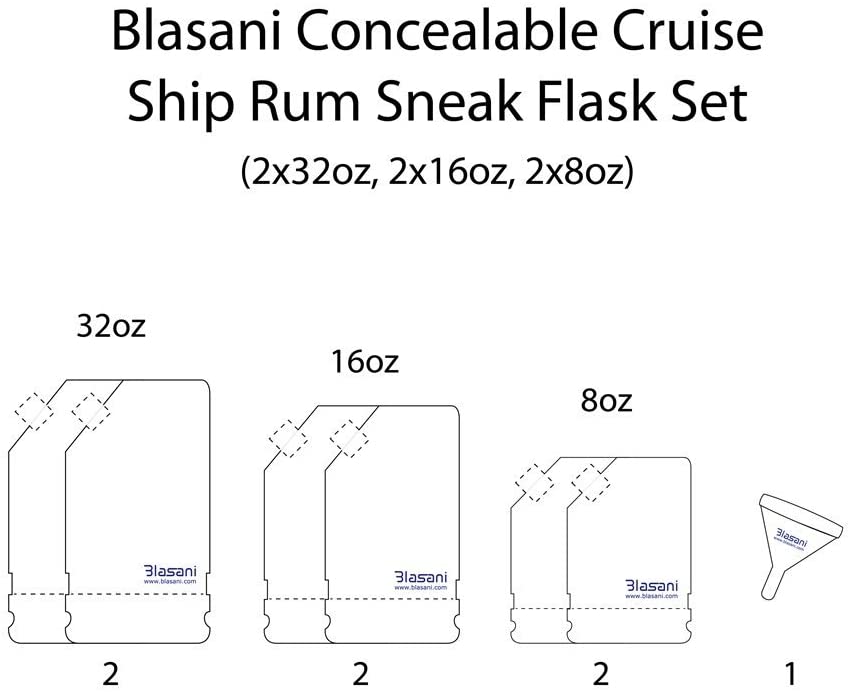 BLASANI Concealable Cruise Ship Rum Sneak Flask Kit Set (2x32oz, 2x16oz, 2x8oz)