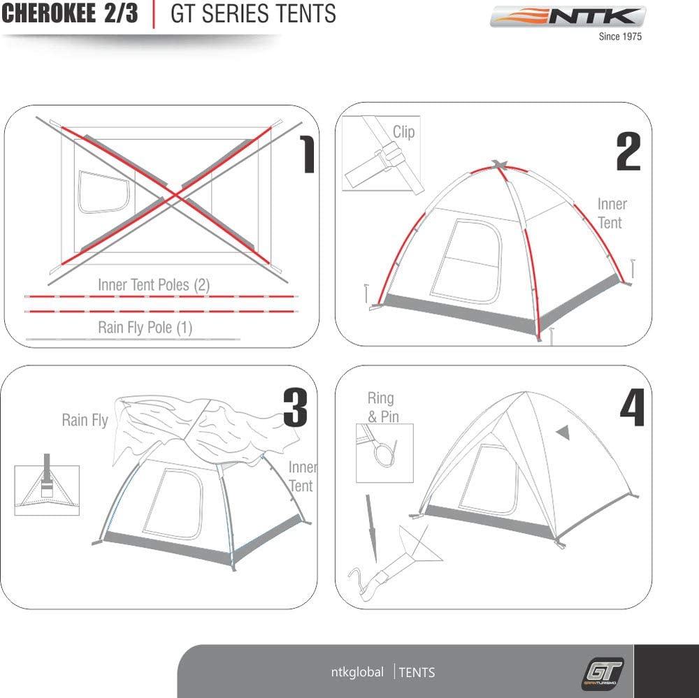 NTK Cherokee GT 2 to 3 Person 7 x 5 Foot Sport Camping Dome Tent 100% Waterproof