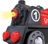 Hape Wooden Railway Battery Powered Engine No. 1 Kid's Train Set Red, White, Black, Blue, L: 3.7, W: 1.3, H: 1.9 inch