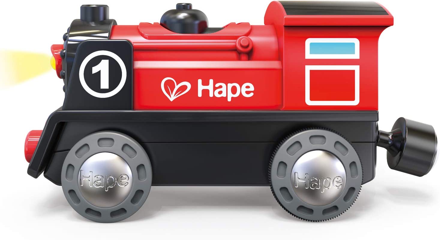 Hape Wooden Railway Battery Powered Engine No. 1 Kid's Train Set Red, White, Black, Blue, L: 3.7, W: 1.3, H: 1.9 inch