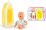 (OPEN BOX) Corolle Mini 8" Baby Bath Doll and Boat Set - Frog Pattern on Clothing, Safe for Water Play in Bath, Tub, Pool, for Ages 18 Months and Up,9000120250
