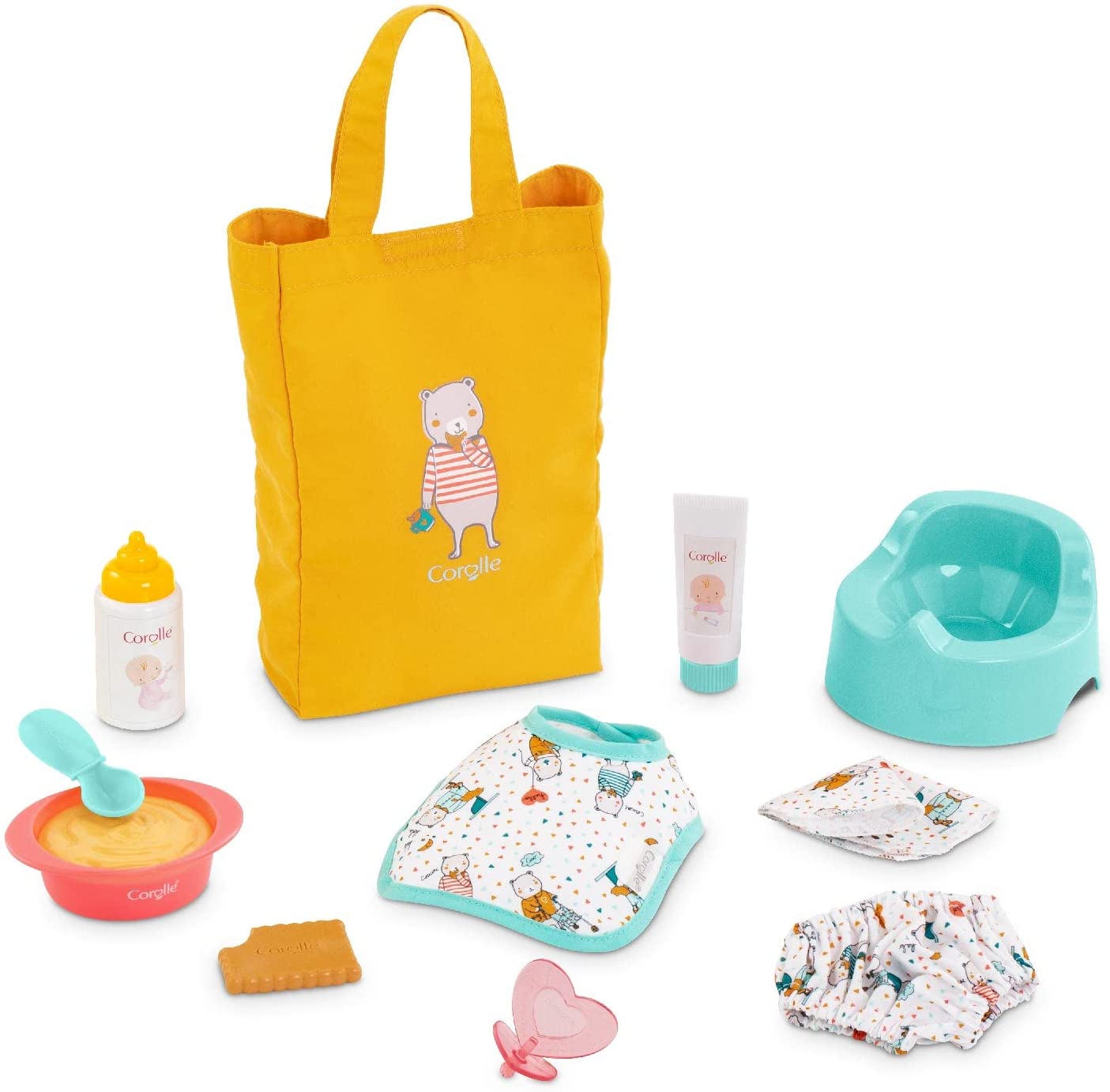 Corolle Large Baby Doll Accessories Set - 11-Piece Set for 12" Baby Dolls Includes Tote Bag, Bottle, Bib, Diaper, Potty, Pacifier and More,110770