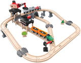 Hape Crane and Cargo Train Set | Wooden Railway Toy Set with Magnetic Crane, Button Operated Loader and Adjustable Rail Signal Multicolor, 19.69" Large x 19.69" W x 15.16" H ,count of 64