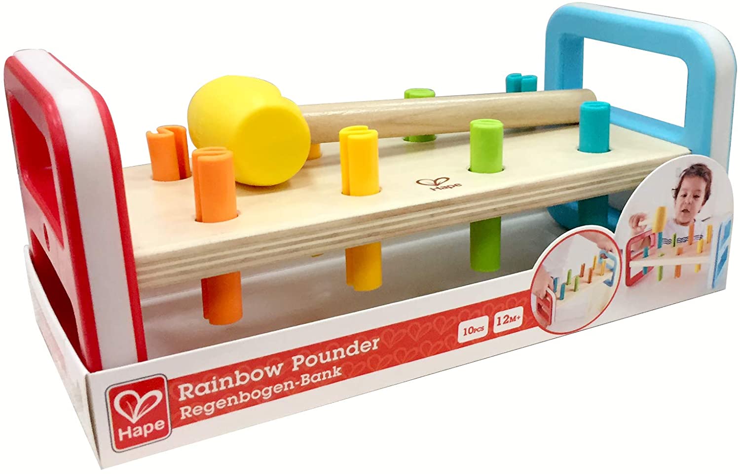 (OPEN BOX)  Hape Rainbow Pounder| Pounding Bench Wooden Toy with Hammer Blue, Red, Orange, Green, Yellow, Wood, L: 9.1, W: 4, H: 4.2 inch