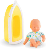 (OPEN BOX) Corolle Mini 8" Baby Bath Doll and Boat Set - Frog Pattern on Clothing, Safe for Water Play in Bath, Tub, Pool, for Ages 18 Months and Up,9000120250