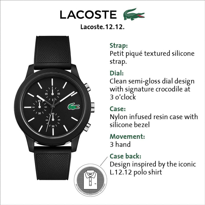 Lacoste Unisex L.12.12. 2010972 Chrono TR90 Black Rubber Strap Watch 43mm