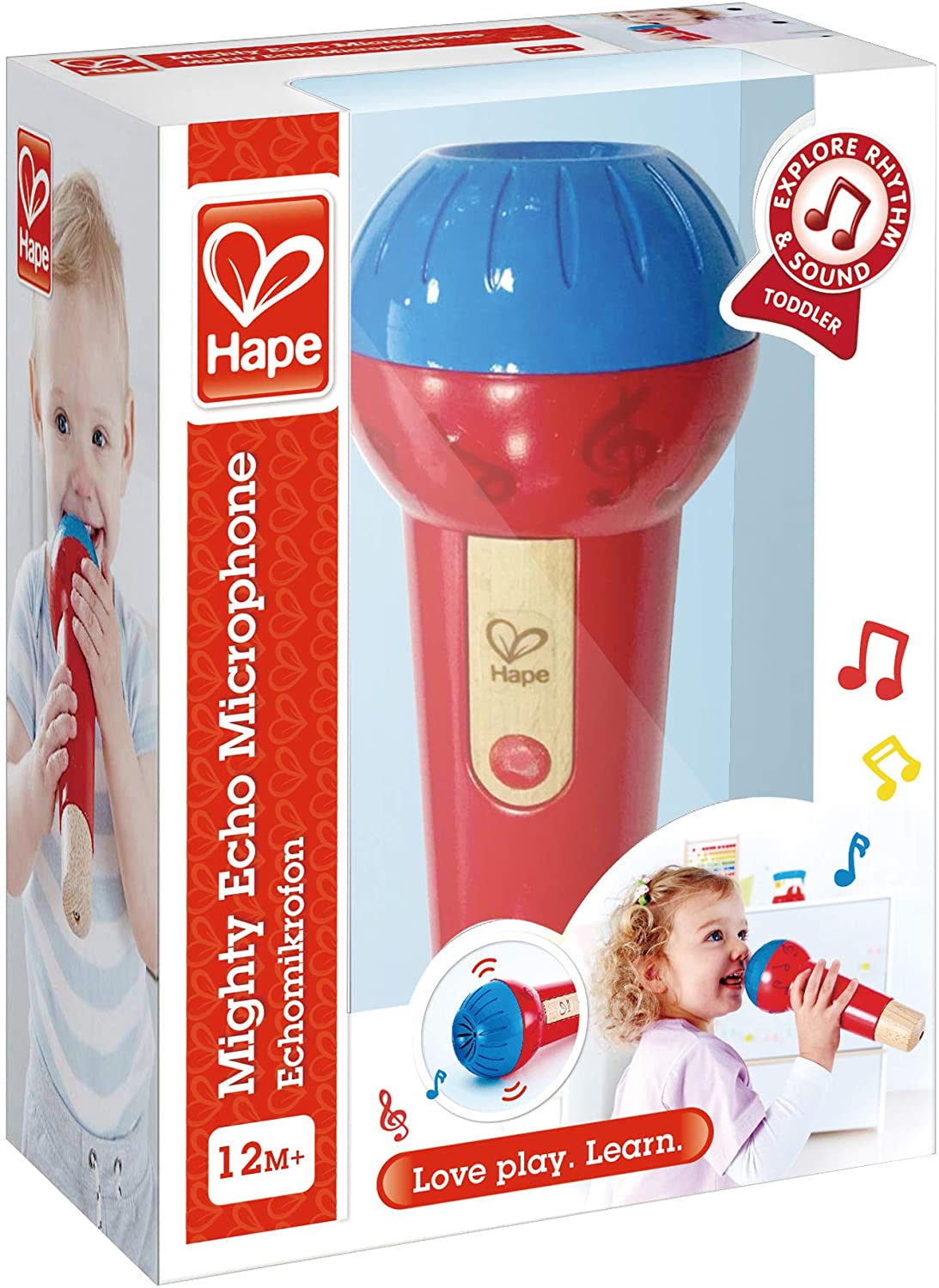 Hape Mighty Echo Microphone | Battery-Free Voice Amplifying Microphone Toy for Kids 1 Year & Up, Red, Model Number: E0337, L: 3.1, W: 3.1, H: 8.6 inch