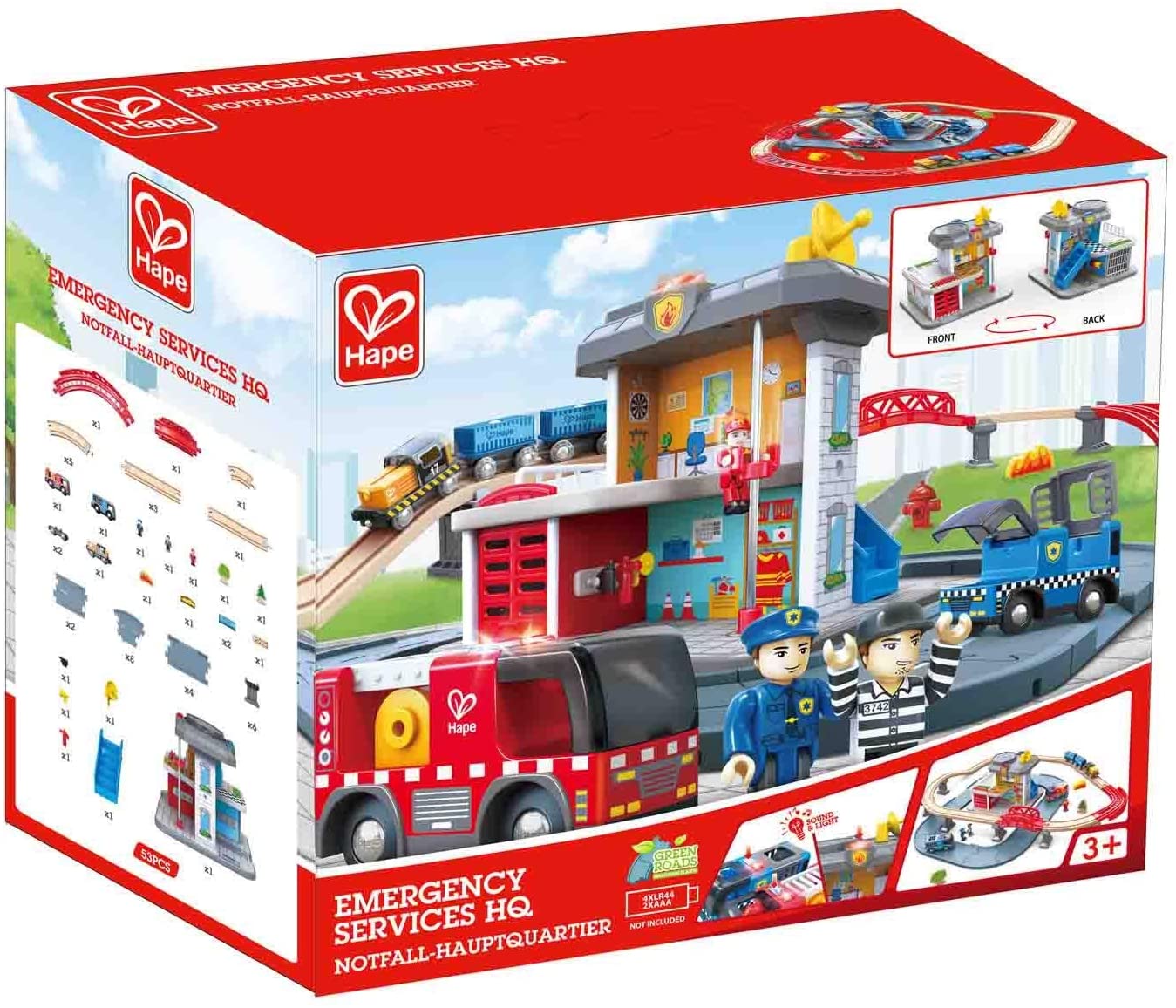Hape Emergency Services HQ | 2-in-1 Police and Fire Station Complete Play Set with Vehicles and Action Figures Multicolor, L: 33.9, W: 9.1, H: 31.5 inch