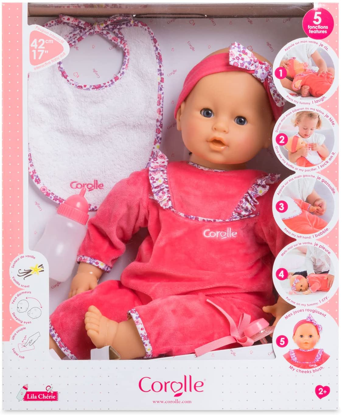 (OPEN BOX) Corolle Mon Grand Poupon Lila Chérie - Large 17" Interactive Toy Baby Doll with 3 Accessories, for Ages 2 Years