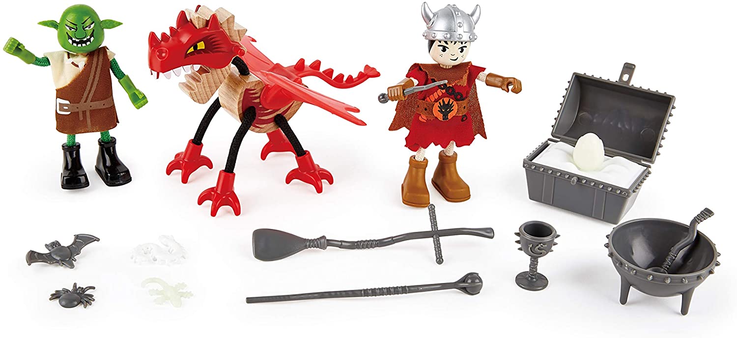 Hape Vikings Castle Dollhouse Play Set| Wooden Folding Dragon Castle Dollhouse with Magic Accessories, Glow in The Dark Spider Web, Dragon Egg and Action Figures (E3025)
