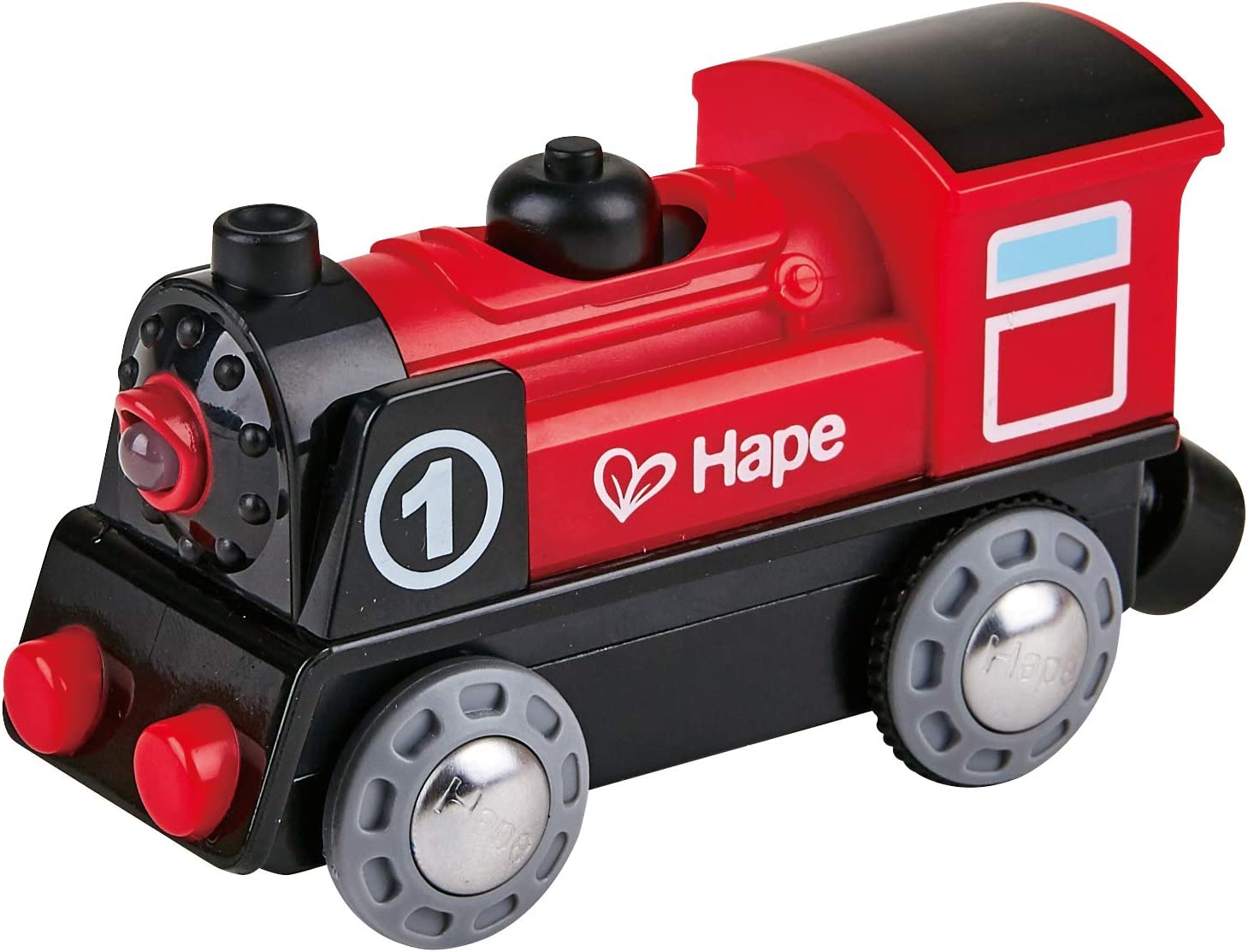 Hape Wooden Railway Battery Powered Engine No. 1 Kid's Train Set Red, White, Black, Blue, L: 3.7, W: 1.3, H: 1.9 inch