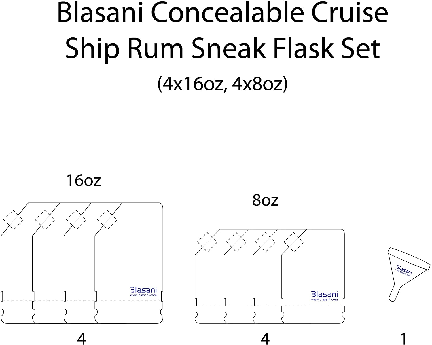 BLASANI Concealable Cruise Ship Rum Sneak Flask Kit Set (4 X 16 oz, 4 X 8 oz)