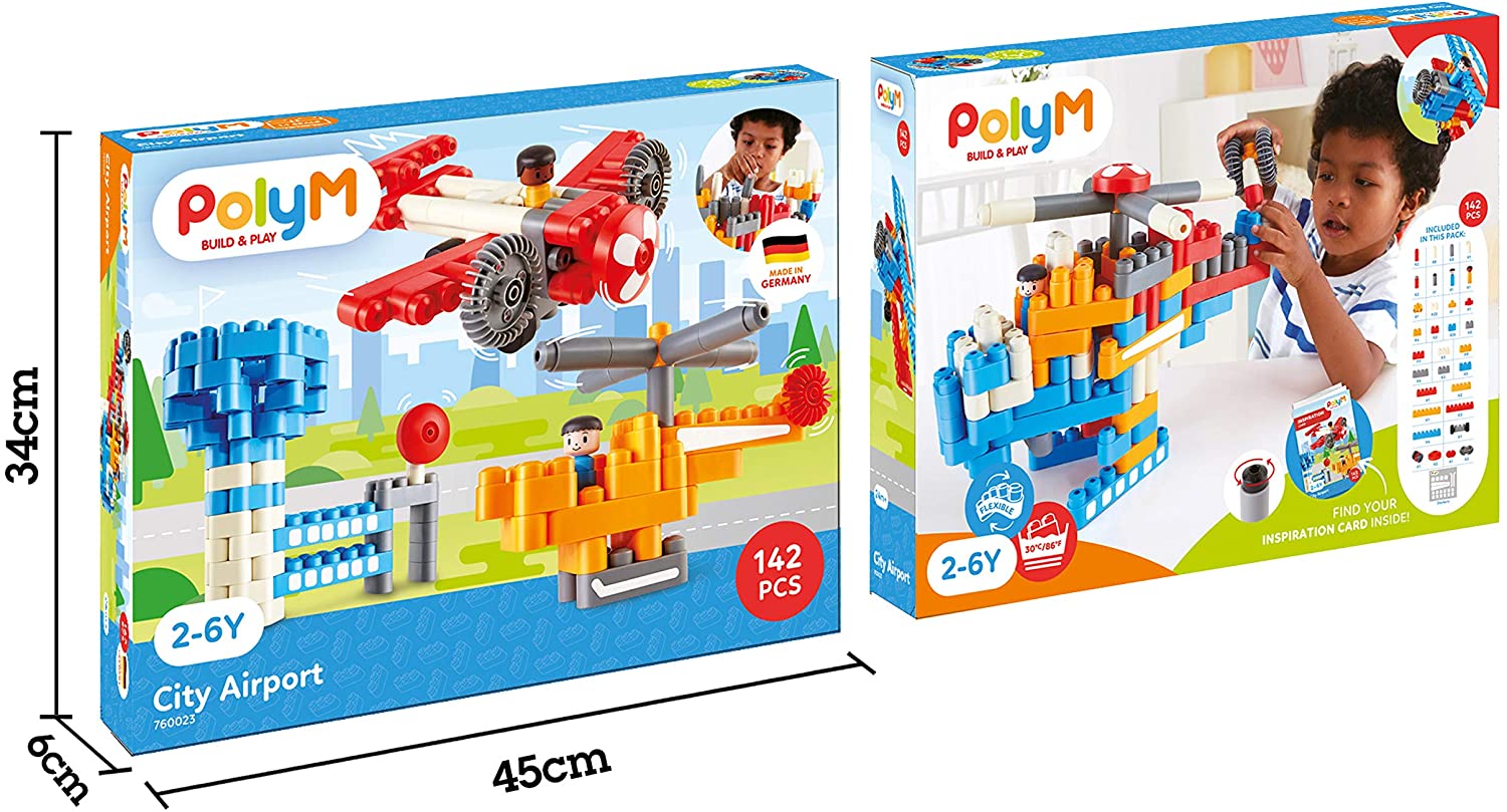Poly-M Hape City Airport | 142Piece Building Brick Airport Toy Set with Figurines & Accessories, 760023