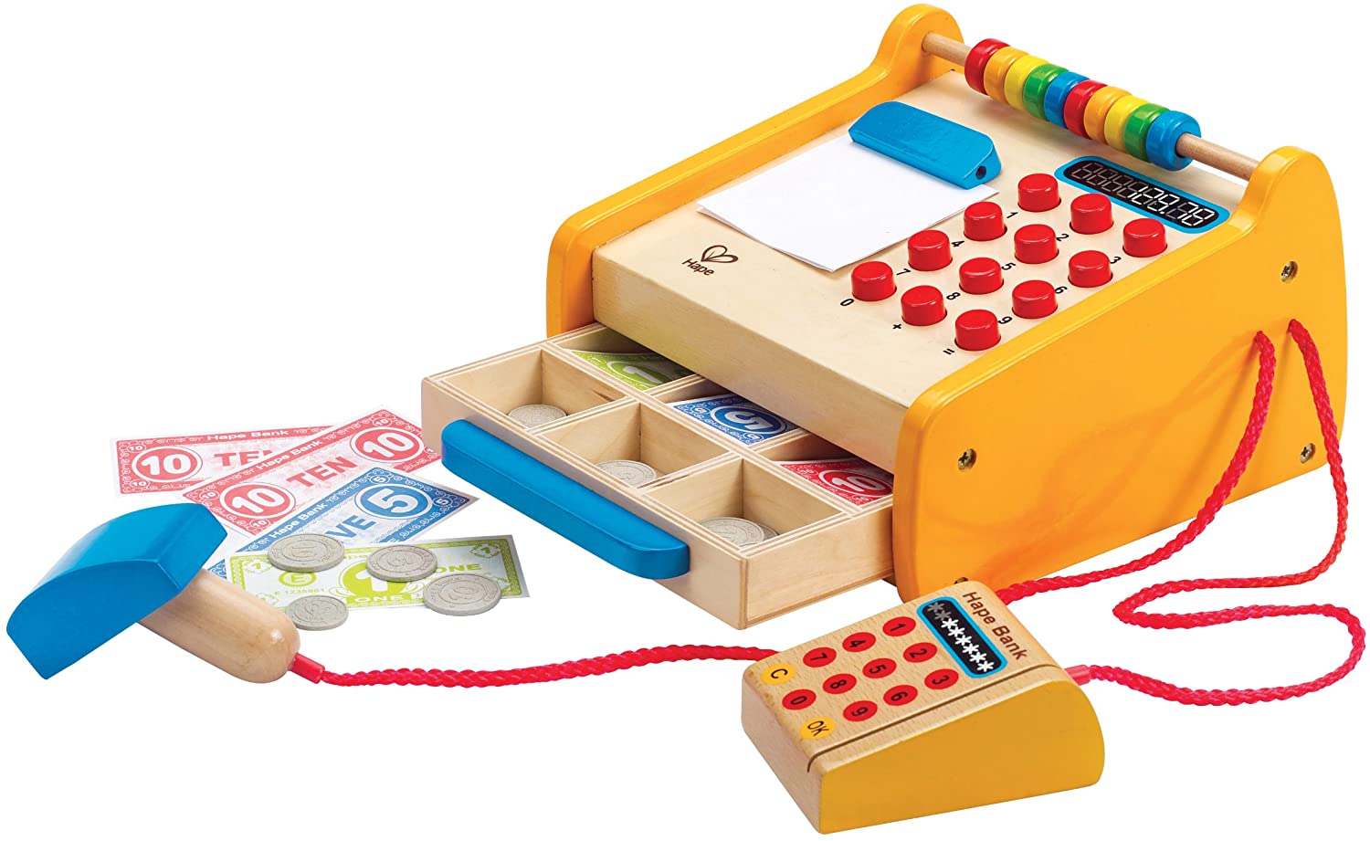 Hape Checkout Register Kid's Wooden Pretend Play Set Yellow, L: 7.6, W: 7.9, H: 4.8 inch