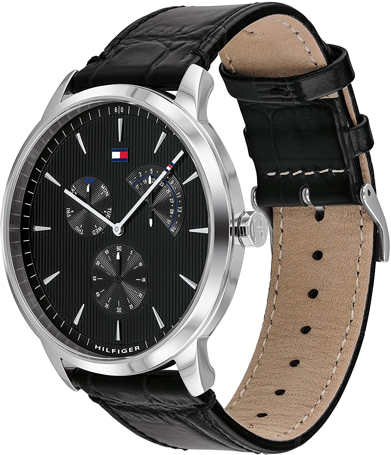 Tommy Hilfiger Men's Stainless Steel Quartz Watch with Leather Crocodile Strap, Black, 21.5 (Model: 1710391)