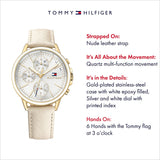 Tommy Hilfiger Women's Casual Sport Stainless Steel Quartz Watch with Leather Calfskin Strap, Champagne, 17 (Model: 1781790)