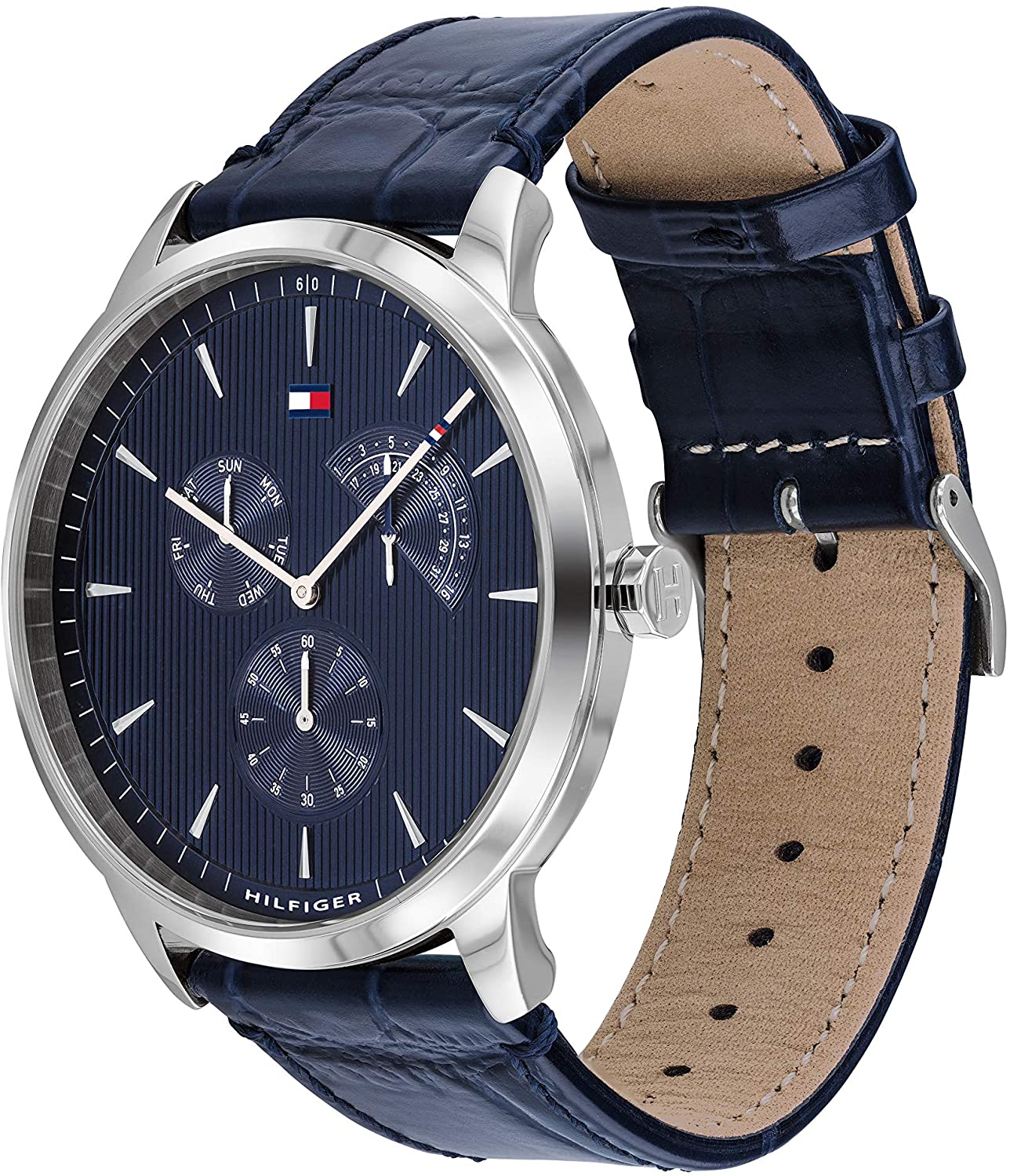 Tommy Hilfiger Men's Stainless Steel Quartz Watch with Leather Crocodile Strap, Blue, 22 (Model: 1710387)
