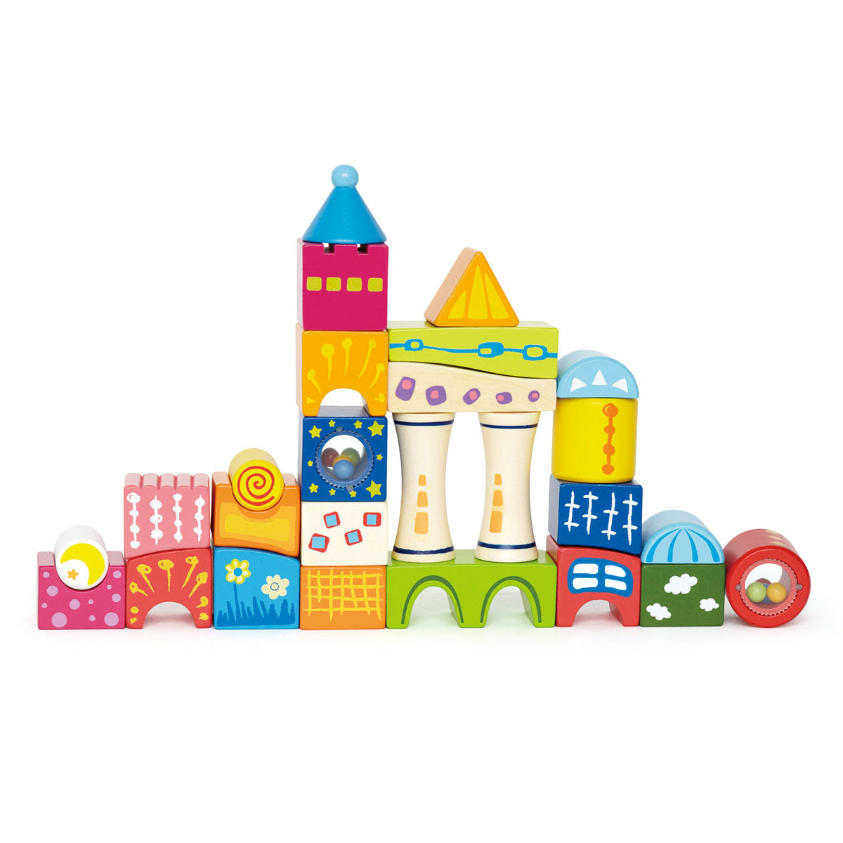 Fantasia Block Castle by Hape | Award Winning Wooden Castle Building Block Stacking Toy, Unique Shaped Building Block Set, Rainbow Stacking Toy with Patterns