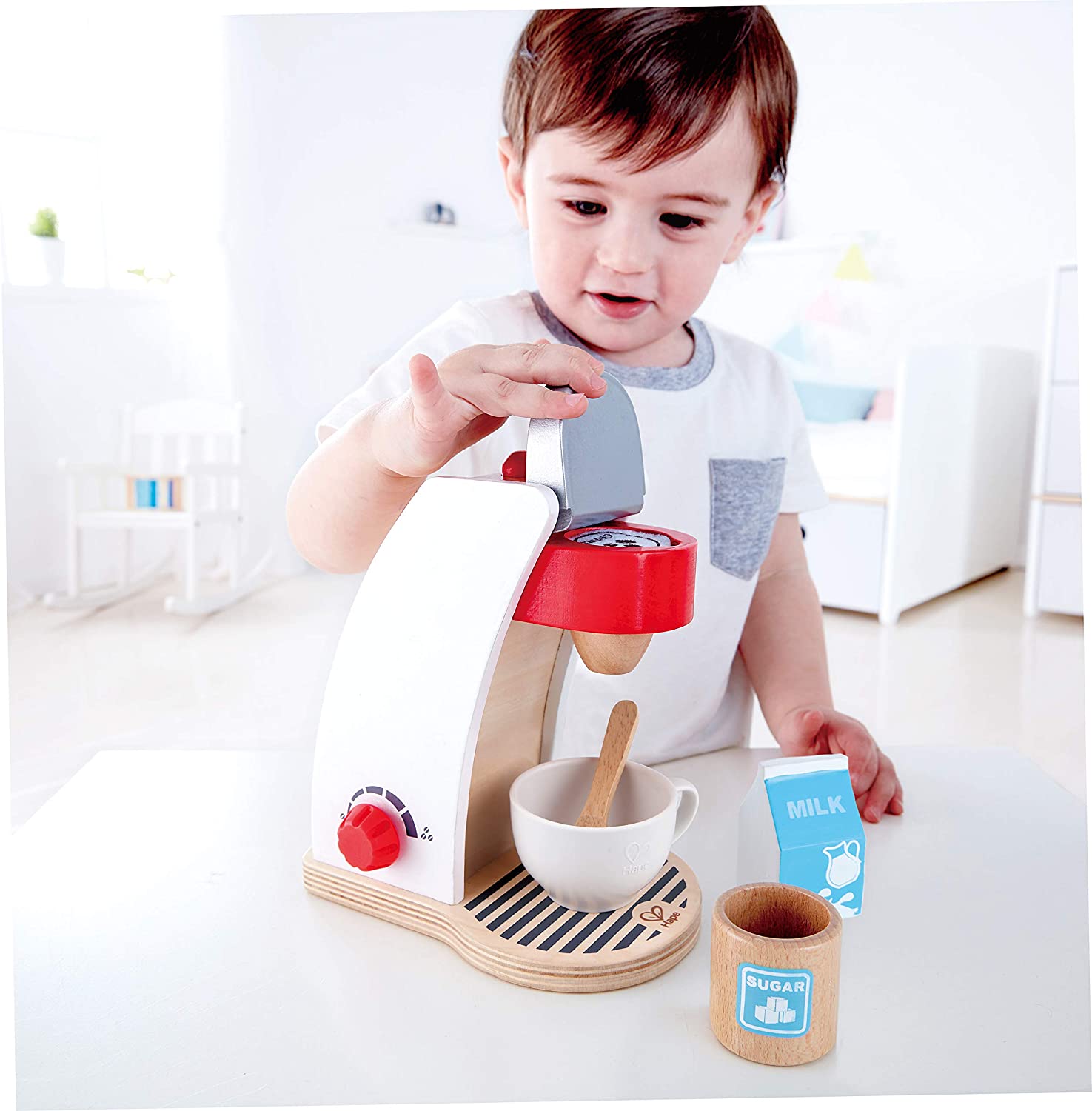 (OPEN BOX)  Hape My Coffee Machine Wooden Play Kitchen Set with Accessories (White)