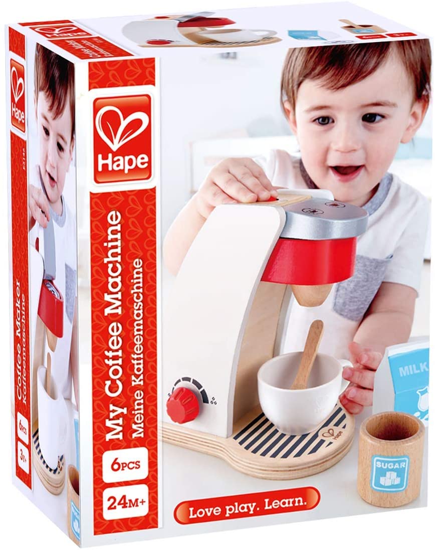 (OPEN BOX)  Hape My Coffee Machine Wooden Play Kitchen Set with Accessories (White)