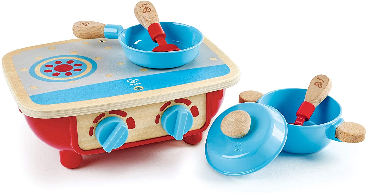 Hape Toddler Kitchen Set | Wooden 6 Piece Cooking Set, Pretend Kitchen Playset with Toy Stove, Frying Pan, Spoon, Spatula